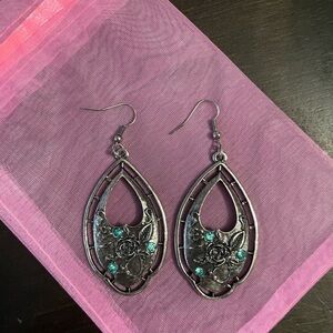 Elegant Silver and Teal Rose Floral Earrings